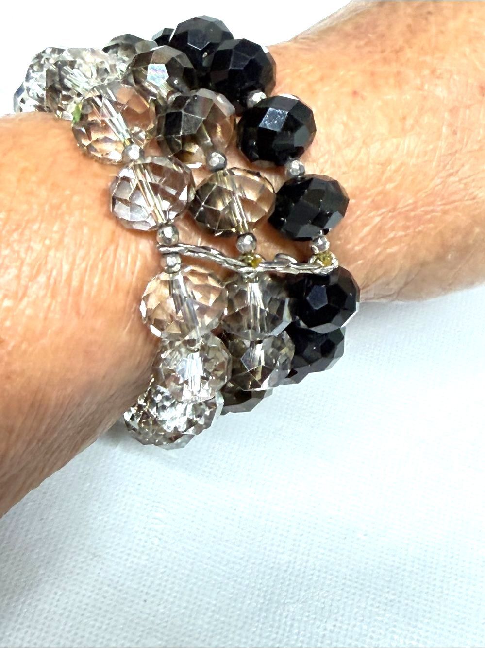 Vintage Crystal Aurora Borealis 3 Strand Stretch Bracelet Black Smokey Clear